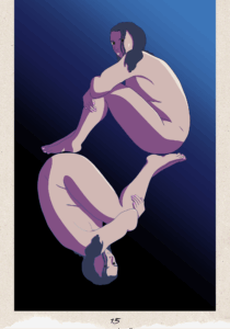 A bigger version of the art described on the previous page. More details of the art: The background is a diagonal gradient from blue to black. The woman is white with medium-long length dark hair and green eyes. Her finger and toenails are all painted pink. She is looking at you from the corner of her eyes. Two strands of hair are falling over one of her eyes. Description from previous page: Image shows a piece of digital art of a side view of a nude woman sitting on the ground with her knees pulled up to her chest such that none of the bits are showing. There's a second one sitting upside down to the first and facing the opposite direction. They are shaded with a shared light source.