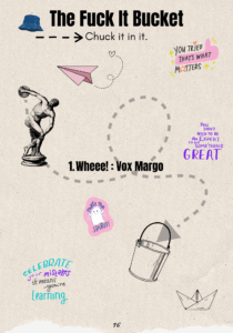 Title reads: "The Fuck It Bucket. Chuck it in it." In the centre of the page is the text "1. Wheee! : Vox Margo" An illustration of a statue with a ball in it's hand, with a dotted arrow going behind the text and ending in an illustration of a bucket. Around the page are other illustrations of: a blue bucket hat, a pink paper aeroplane, a ghost with the text "that's the spirit" around it, a paper boat, and the following quotes: "you tried that's what matters." "you don't need to be an expert to do something great." "celebrate your mistakes it means you're learning."